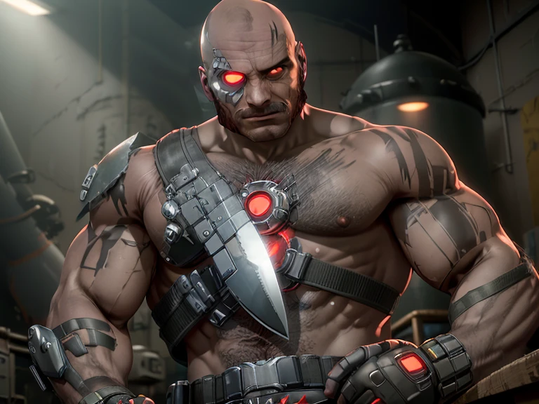 (Kano), 1man , solo, cyborg, (right metal Cybernetic eye), shirtless, bald, (reactor on the chest), hairy chest, tatoo on the left shoulder and left arm, gritting teeth, (holding a knife), black pants with straps, (harnesses), indoors, badass, upper body shot, fighting stance