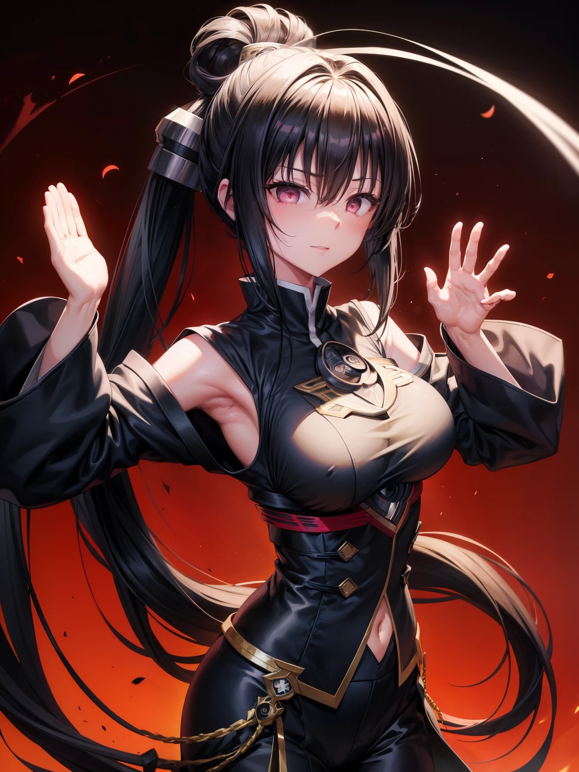 score_9、score_8_up、score_7_up、Exquisite detail、Perfect Anatomy BREAK 1girl、source_anime、Hatiya Mika、Black long hair、ponytail、Narrow eyes、(Slanted Eyes:1.3)、(Three white eyes:1.4)、Big Breasts、{Scorpion tattoo on the left side of the abdomen}、chest、Body Lighting、Red background、Black Hair、Staring at the audience、Underbust、solo、Lift it yourself、Open your mouth、smile、shirt、pants、Raise your arms、大きなchest、中くらいのchest、Hair between the eyes、Lifting clothes、