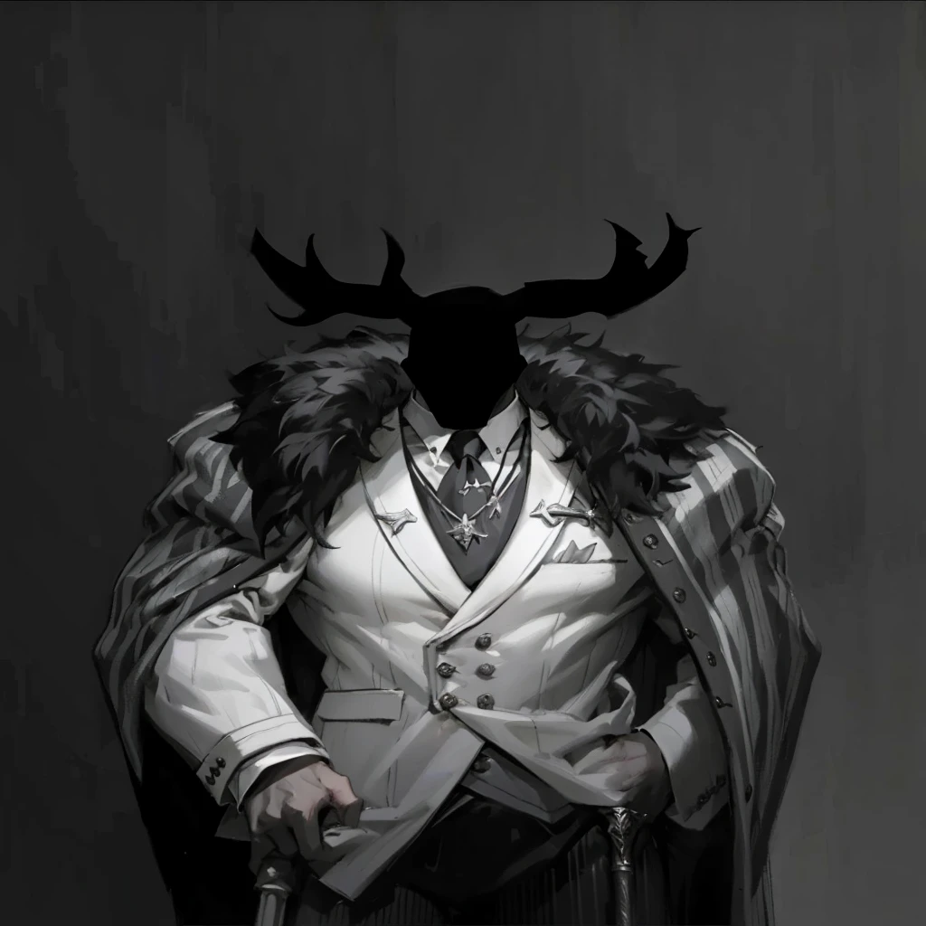 Big body, Man

1. Attire.
   - The figure is wearing a white double-breasted suit with a dark tie and a vest underneath. The suit is adorned with several buttons, and the overall appearance is very sharp and formal.
   - Over the suit, the figure has a large, dark fur-trimmed cape draped over the shoulders, adding a sense of grandeur and authority to the appearance.
   - The figure's right arm is holding a cane or a staff, indicating a possible sense of authority or power.

2. Pose.
   - The figure stands confidently with the left arm slightly bent and the hand resting on the hip, while the right arm holds the cane firmly.
   - The posture is upright and commanding, suggesting confidence and control.

3. Face and Head.
   - The head and face of the figure are not visible; they are shrouded in darkness or simply not drawn, which adds an element of mystery to the character.

4. Details.
   - The fur trim on the cape is detailed and appears luxurious, indicating high status or wealth.
   - The suit is well-fitted and meticulously designed, reinforcing the impression of a powerful and wealthy individual.

5. Body.
   - Big body, a mobster Man
   - Black hair

6. Place
   - In the kingdom of darkness 
