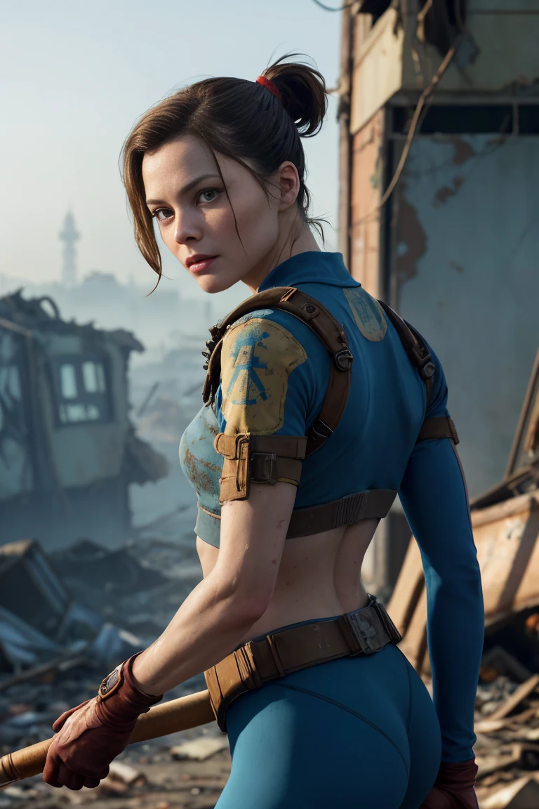 Cute and nerdy woman, (Michelle Pfeiffer:Gillian Jacobs:0.5), Brunette hair tied in a ponytail, Wearing the Open High Detail Blue Fallout 4 Vault Suit, A face with attention to detail, Skin with attention to detail, Seductive look, Perfect body, Perfect proportions, In the background we see a ruined city long devastated by nuclear war., high quality, masterpiece, Realistic photos, Exquisitely crafted, 8k, High resolution, Shallow depth of field, Wide Light, High Contrast, Backlight, Sharp focus, RAW color photos, Looking into the camera, Cool colors, Dynamic pose, Fallout 4 style