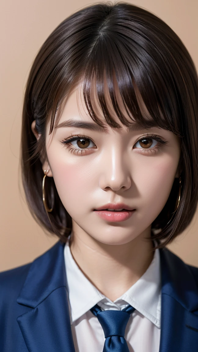 Realism, Realistic, (the most absurd quality), Photorealistic photo, ((portrait)) 1. woman, Supermodel, , Perfect Anatomy:1.37, Japanese woman, high school girl, Gal high school girl, gravure, sexy, ((Face close-up:1.21)), Shut your mouth, , (Improvement of quality:1.4), (Very beautiful face details), (Highest quality realistic skin texture:1.4), (Japanese navy blue school uniform), (Dark blue blazer jacket:1.37), (Collared blouse shirt:1.37), (Ribbon tie with lines:1.21), necklace, Earrings, (Black Wallpaper Background:1.21), Thin lashes, Sharpen your eyebrows, (Gal Makeup:1.37), (Long eyeliner), (Pink IP Stick:1.1), (Detailed nose:1.2), Perfect composition, dslr, best high quality soft lighting, sharp focus captured by Fujifilm XT3, f 5.6, in a dramatic lighting, (the most absurd quality perfect eyes:1.35), ((ultra quality in absurd-res clear unblurred and sharp perfectly round realistic brown_eyes:1.35), Extremely Intricate details:1.25), ((finely detailed pupils:1.4)), (tired, Sleepy and satisfied:0.0), (Beautiful Lips:1.33), (Great nose:1.2), (Flat Chest), (Slim lower body), Hair swaying in the wind, (Ash Blonde Hair:1.21), (graduated haircut hair:1.21), Let your bangs hang long, dramatic cinematographic lighting,