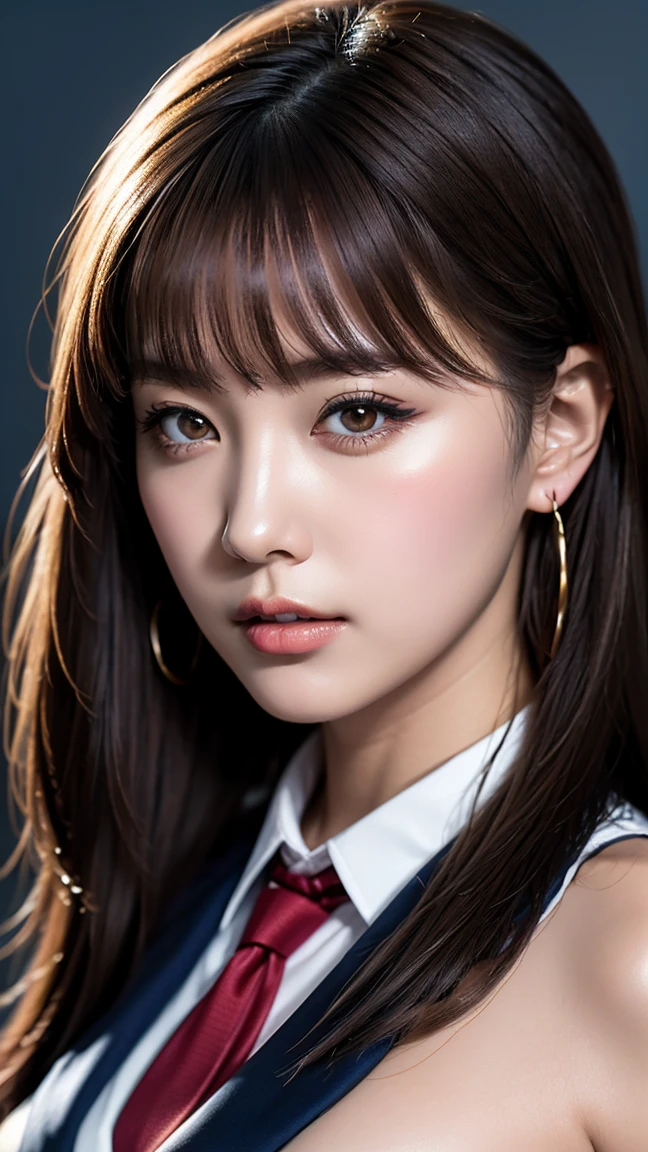 Realism, Realistic, (the most absurd quality), Photorealistic photo, ((portrait)) 1. woman, Supermodel, , Perfect Anatomy:1.37, Japanese woman, high school girl, Gal high school girl, gravure, sexy, ((Face close-up:1.21)), Shut your mouth, , (Improvement of quality:1.4), (Very beautiful face details), (Highest quality realistic skin texture:1.4), (Japanese navy blue school uniform), (Dark blue blazer jacket:1.37), (Collared blouse shirt:1.37), (Ribbon tie with lines:1.21), necklace, Earrings, (Black Wallpaper Background:1.21), Thin lashes, Sharpen your eyebrows, (Gal Makeup:1.37), (Long eyeliner), (Pink IP Stick:1.1), (Detailed nose:1.2), Perfect composition, dslr, best high quality soft lighting, sharp focus captured by Fujifilm XT3, f 5.6, in a dramatic lighting, (the most absurd quality perfect eyes:1.35), ((ultra quality in absurd-res clear unblurred and sharp perfectly round realistic brown_eyes:1.35), Extremely Intricate details:1.25), ((finely detailed pupils:1.4)), (tired, Sleepy and satisfied:0.0), (Beautiful Lips:1.33), (Great nose:1.2), (Flat Chest), (Slim lower body), Hair swaying in the wind, (Ash Blonde Hair:1.21), (graduated haircut hair:1.21), Let your bangs hang long, dramatic cinematographic lighting,
