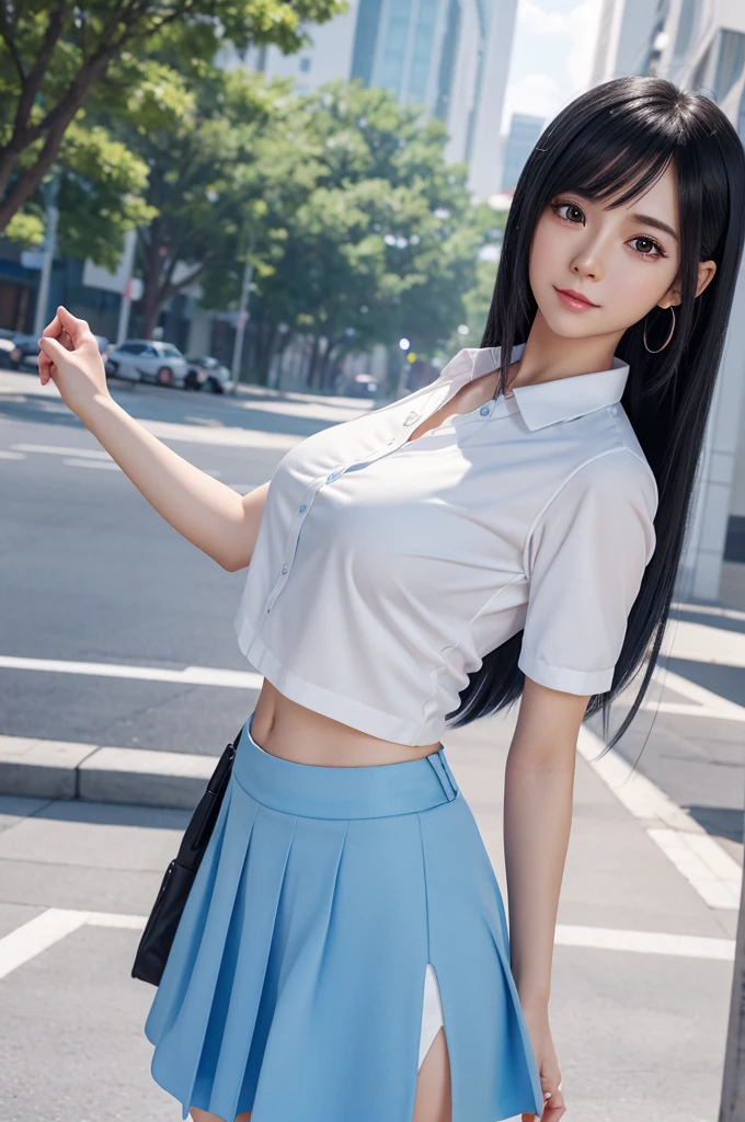 High Quality, 4K, In Frame, Close Up Portrait of Black Hair Woman in White Shirt and Light Blue Skirt, big boobs, Photorealistic Anime Girl Render, Cute 3D Anime Girl Render, April Rendering, Anime VTuber Full Body Model, Full Body Xianxia, Live2D Virtual Youtuber Model, Smooth Anime CG Art, Realistic Portrait Full Body Realistic anime 3D style, photorealistic full body