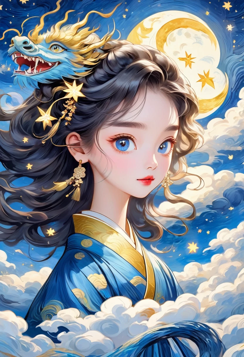 Hand-drawn style：粗糙的texture，1 girl，Long fluffy hair，Surprise hairstyle，Bright Eyes，hanfu，cloud，Star，moon，dragon，Beautiful details，texture，Blue and gold，Immerse yourself in the art of Van Gogh