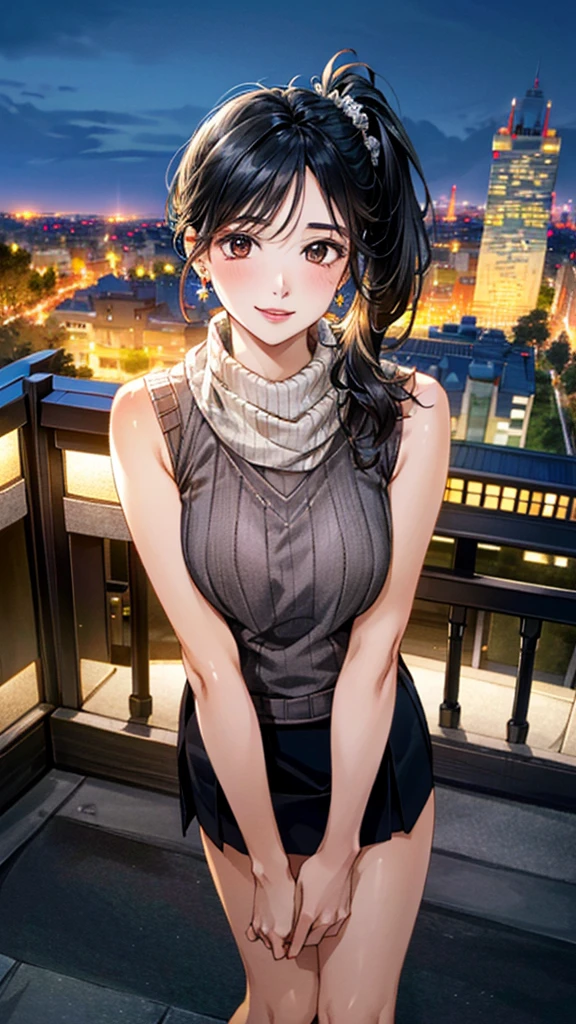 ((Highest quality, 8k, masterpiece :1.3)), whole body, Sharp focus :1.2, Beautiful woman with perfect figure :1.4, Slim Abs :1.2, ((Dark brown hair:1.2)), Tank top dress :1.1, (Night city view, Modern balcony :1.1), Highly detailed face and skin texture, Detailed eyes, double eyelid