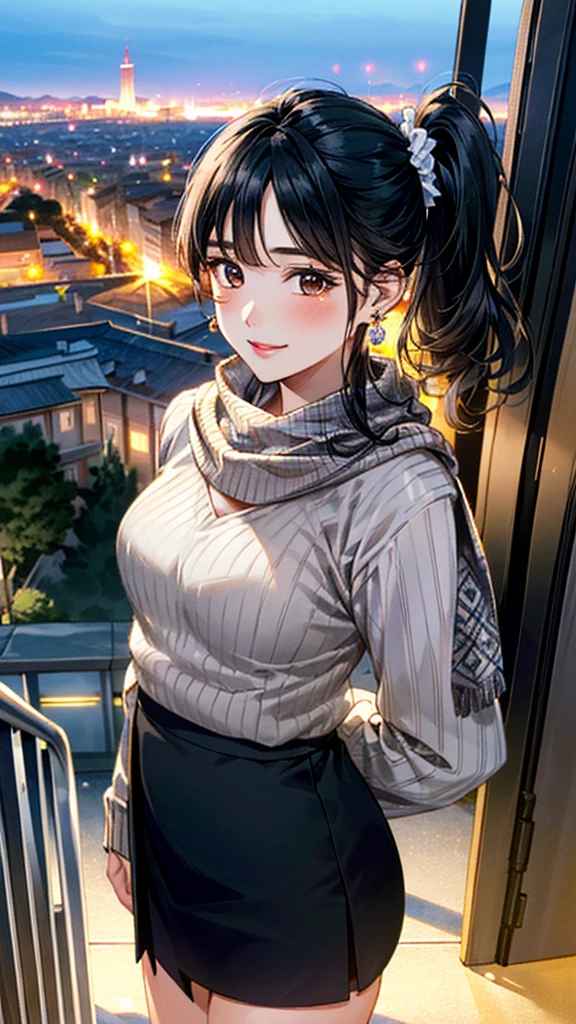 (masterpiece:1.3, Highest quality, Ultra-high resolution, Super detailed), (Realistic, photoRealistic:1.4), Beautiful illustrations, Perfect lighting, colorful, Depth of written boundary,
Beautiful detailed hair, Beautifully detailed face, Beautiful fine details, Beautiful clavicle, Beautiful body, 美しいLarge Breasts, Beautiful thighs, Beautiful feet, Beautiful fingers,
View Viewer、Front view:0.6, Beauty1人, Japanese, Beauty、30 years old, Perfect Face, (Perfect Anatomy, Anatomically correct), Cute and symmetrical face, Baby Face, , Shiny skin,
((Scarf、sweater:1.4)),((Skirt 1.4))
(Black Hair, Side Ponytail:1.4), Dark brown eyes, (Large Breasts), Slim body,
necklace, (Small earrings:1.3),
(Beautiful views), (night), (city, cityscape in the distance), Standing with good posture, A soft smile、(Smile, Lips parted),