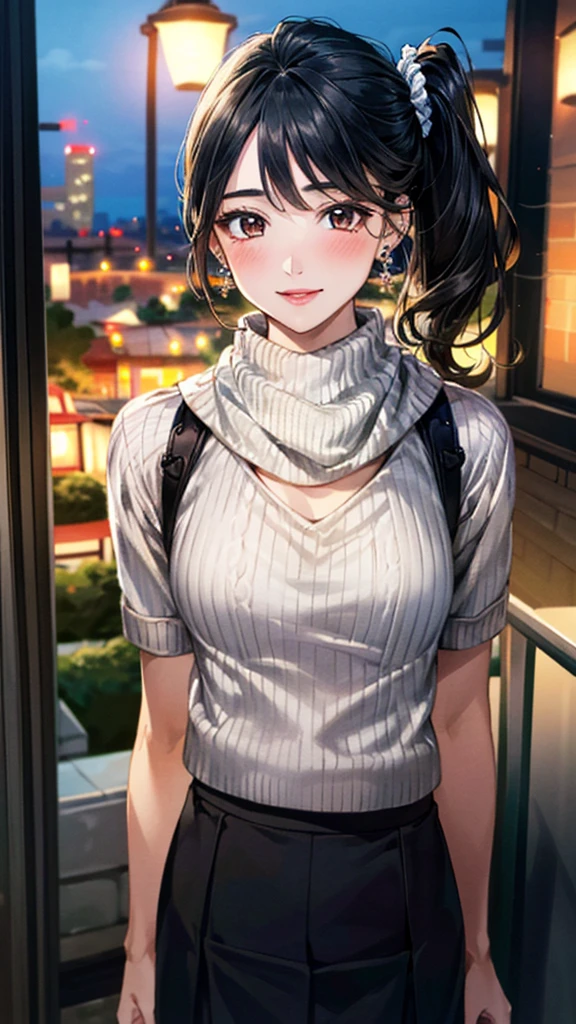 (masterpiece:1.3, Highest quality, Ultra-high resolution, Super detailed), (Realistic, photoRealistic:1.4), Beautiful illustrations, Perfect lighting, colorful, Depth of written boundary,
Beautiful detailed hair, Beautifully detailed face, Beautiful fine details, Beautiful clavicle, Beautiful body, 美しいLarge Breasts, Beautiful thighs, Beautiful feet, Beautiful fingers,
View Viewer、Front view:0.6, Beauty1人, Japanese, Beauty、30 years old, Perfect Face, (Perfect Anatomy, Anatomically correct), Cute and symmetrical face, Baby Face, , Shiny skin,
((Scarf、sweater:1.4)),((Skirt 1.4))
(Black Hair, Side Ponytail:1.4), Dark brown eyes, (Large Breasts), Slim body,
necklace, (Small earrings:1.3),
(Beautiful views), (night), (city, cityscape in the distance), Standing with good posture, A soft smile、(Smile, Lips parted),