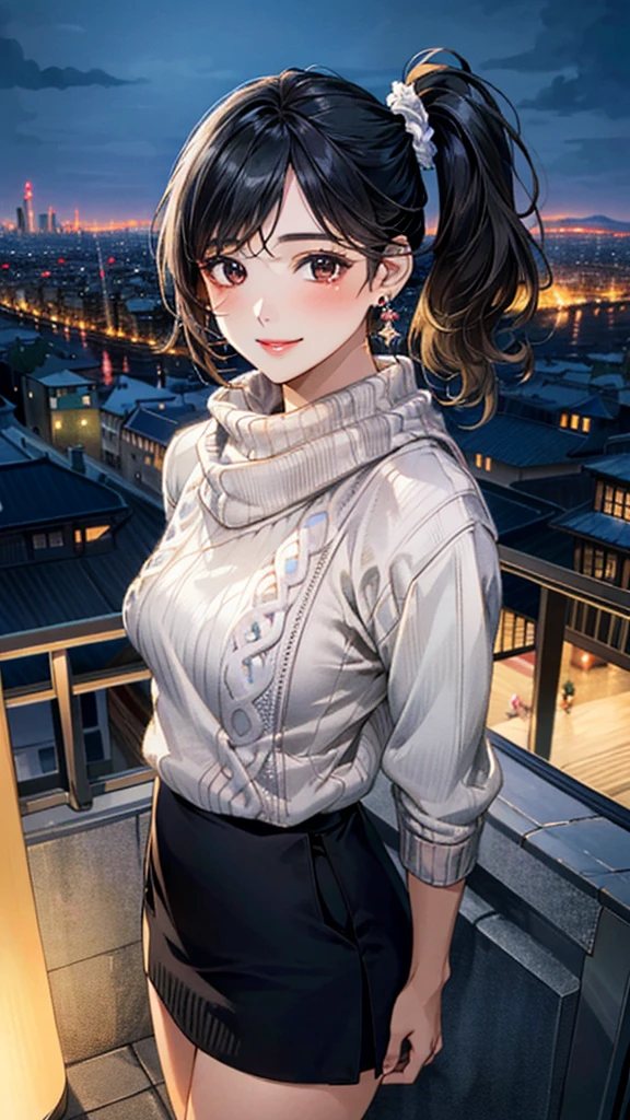 (masterpiece:1.3, Highest quality, Ultra-high resolution, Super detailed), (Realistic, photoRealistic:1.4), Beautiful illustrations, Perfect lighting, colorful, Depth of written boundary,
Beautiful detailed hair, Beautifully detailed face, Beautiful fine details, Beautiful clavicle, Beautiful body, 美しいLarge Breasts, Beautiful thighs, Beautiful feet, Beautiful fingers,
View Viewer、Front view:0.6, Beauty1人, Japanese, Beauty、30 years old, Perfect Face, (Perfect Anatomy, Anatomically correct), Cute and symmetrical face, Baby Face, , Shiny skin,
((Scarf、sweater:1.4)),((Skirt 1.4))
(Black Hair, Side Ponytail:1.4), Dark brown eyes, (Large Breasts), Slim body,
necklace, (Small earrings:1.3),
(Beautiful views), (night), (city, cityscape in the distance), Standing with good posture, A soft smile、(Smile, Lips parted),