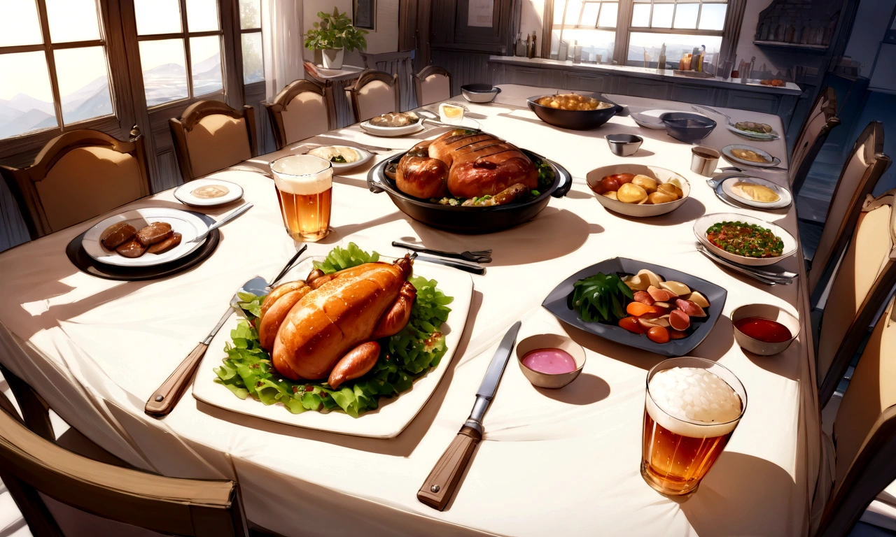 ((((masterpiece, Best Quality, High resolution)))), High detail, manga，anime，Illustrated style，Use of bright colors， long square dining table,White tablecloth，Close-up of food on the table,The table top fills the entire screen, In the center of the screen, a large selection of food is displayed on a table.,A sumptuous dinner on the table，wine，Beer ，Meat dishes，The evening sunlight is streaming in through the window、A sparkling drink in the sunlight, No humans， RPG-like scenery, テーブルの上にはBeer やwineや美味しそうな食べ物が載せられている, Create a magical and cozy atmosphere, Bright daytime atmosphere.