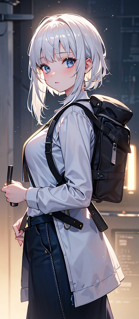 a beautiful young girl with medium-sized br easts, white hair, wearing a backpack,cinematic lighting, pho torealistic, extremely detailed, 8k, high resol ution, best quality, masterpiece