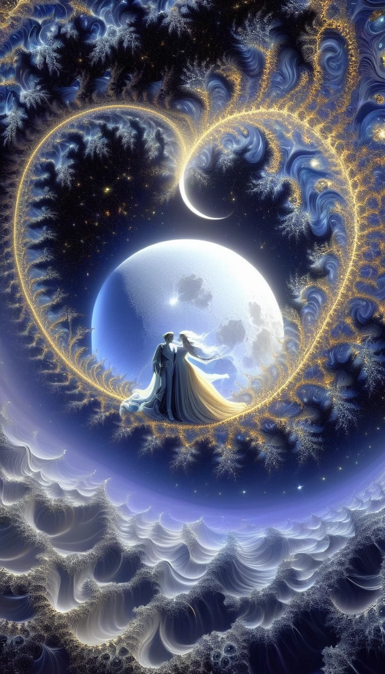 the famous love affair between Goddess of the moon Selene and mortal Endymion, fractal art, classic painting