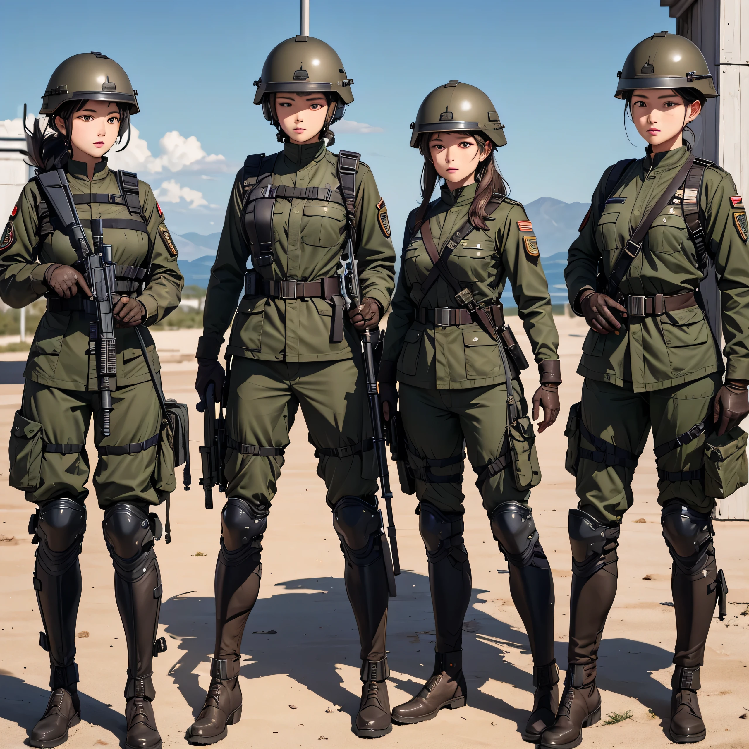 First-person perspective、Three female soldiers in helmets、Wearing dark brown military uniform、Individual equipment set、front、Standing guard、See the crotch、Military base、Write details、masterpiece、best quality、Highly detailed CG、8K picture quality