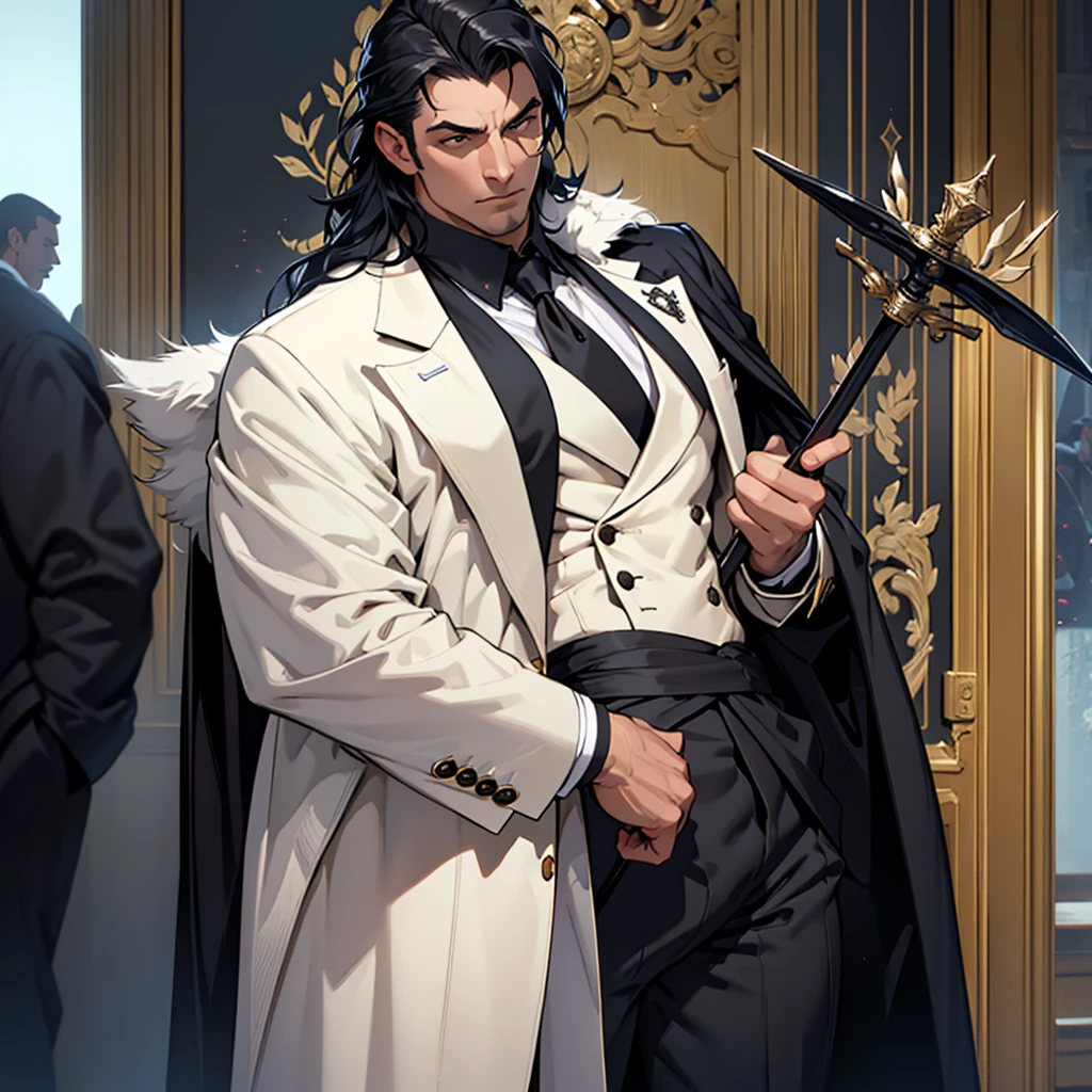 Big body, Man
1. Attire.
- The figure is wearing a white double-breasted suit with a dark tie and a vest underneath. The suit is adorned with several buttons, and the overall appearance is very sharp and formal.
- Over the suit, the figure has a large, dark fur-trimmed cape draped over the shoulders, adding a sense of grandeur and authority to the appearance.
- The figure's right arm is holding a cane or a staff, indicating a possible sense of authority or power.
2. Pose.
- The figure stands confidently with the left arm slightly bent and the hand resting on the hip, while the right arm holds the cane firmly.
- The posture is upright and commanding, suggesting confidence and control.
3. Face and Head.
- The head and face of the figure are not visible; they are shrouded in darkness or simply not drawn, which adds an element of mystery to the character.
4. Details.
- The fur trim on the cape is detailed and appears luxurious, indicating high status or wealth.
- The suit is well-fitted and meticulously designed, reinforcing the impression of a powerful and wealthy individual.
5. Body.
- Big body, a mobster Man
- Black hair
6. Place
- In the kingdom of darkness