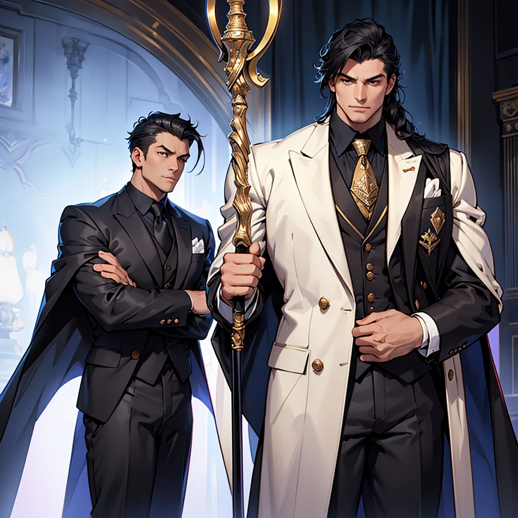 Big body, Man
1. Attire.
- The figure is wearing a white double-breasted suit with a dark tie and a vest underneath. The suit is adorned with several buttons, and the overall appearance is very sharp and formal.
- Over the suit, the figure has a large, dark fur-trimmed cape draped over the shoulders, adding a sense of grandeur and authority to the appearance.
- The figure's right arm is holding a cane or a staff, indicating a possible sense of authority or power.
2. Pose.
- The figure stands confidently with the left arm slightly bent and the hand resting on the hip, while the right arm holds the cane firmly.
- The posture is upright and commanding, suggesting confidence and control.
3. Face and Head.
- The head and face of the figure are not visible; they are shrouded in darkness or simply not drawn, which adds an element of mystery to the character.
4. Details.
- The fur trim on the cape is detailed and appears luxurious, indicating high status or wealth.
- The suit is well-fitted and meticulously designed, reinforcing the impression of a powerful and wealthy individual.
5. Body.
- Big body, a mobster Man
- Black hair
6. Place
- In the kingdom of darkness