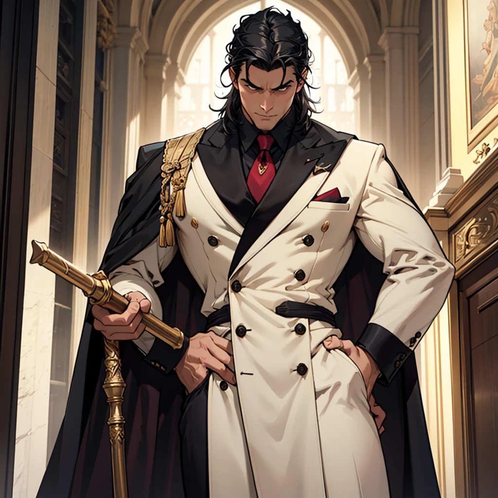 Big body, Man
1. Attire.
- The figure is wearing a white double-breasted suit with a dark tie and a vest underneath. The suit is adorned with several buttons, and the overall appearance is very sharp and formal.
- Over the suit, the figure has a large, dark fur-trimmed cape draped over the shoulders, adding a sense of grandeur and authority to the appearance.
- The figure's right arm is holding a cane or a staff, indicating a possible sense of authority or power.
2. Pose.
- The figure stands confidently with the left arm slightly bent and the hand resting on the hip, while the right arm holds the cane firmly.
- The posture is upright and commanding, suggesting confidence and control.
3. Face and Head.
- The head and face of the figure are not visible; they are shrouded in darkness or simply not drawn, which adds an element of mystery to the character.
4. Details.
- The fur trim on the cape is detailed and appears luxurious, indicating high status or wealth.
- The suit is well-fitted and meticulously designed, reinforcing the impression of a powerful and wealthy individual.
5. Body.
- Big body, a mobster Man
- Black hair
6. Place
- In the kingdom of darkness