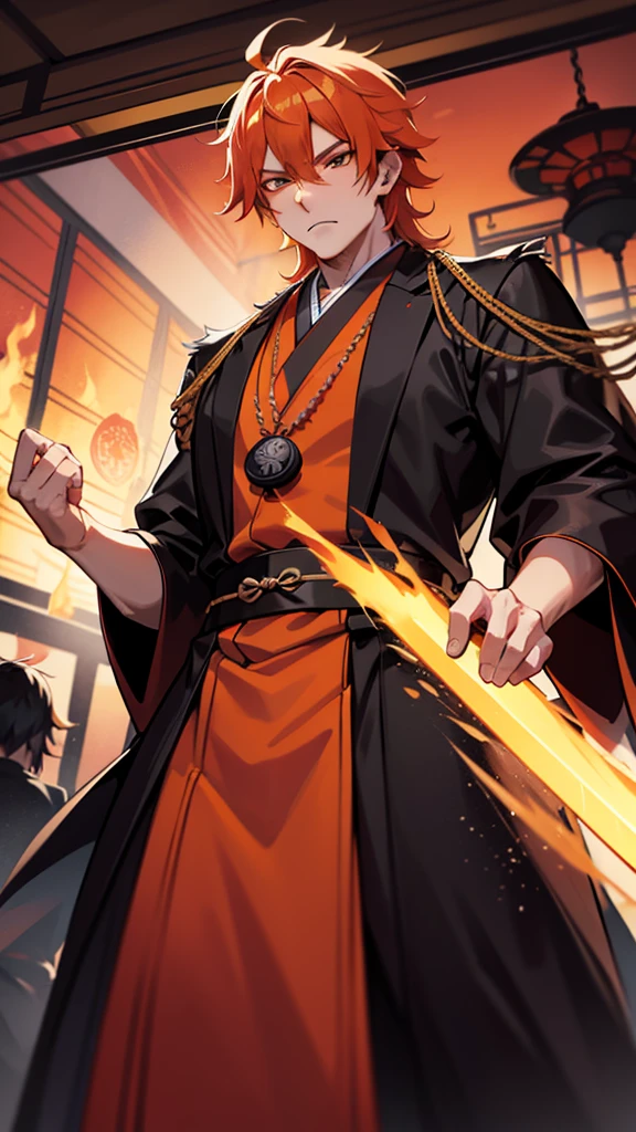 Kyojuro Rengoku, a flamboyant, orange-haired demon hunter. Standing tall in a black uniform with a white haori necklace. Sword at waist, calm yet firm expression. Fire raged around him. Train carriage background. Elegant samurai anime style.