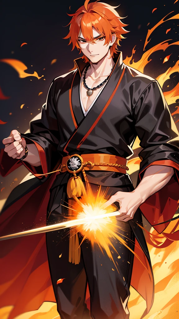 Kyojuro Rengoku, a flamboyant, orange-haired demon hunter. Standing tall in a black uniform with a white haori necklace. Sword at waist, calm yet firm expression. Fire raged around him. Train carriage background. Elegant samurai anime style.