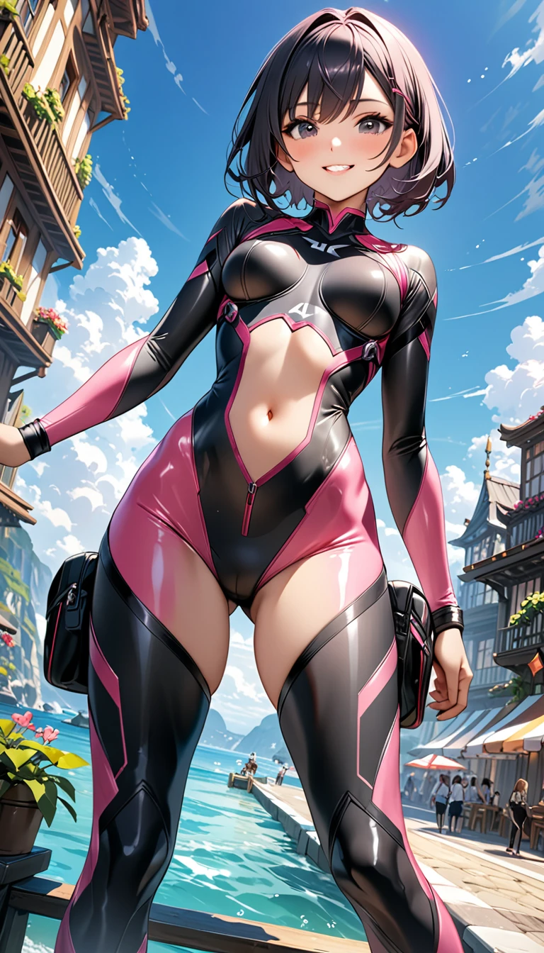 (Highest quality、Masterpiece、Very detailed、4K)、One woman、19 years old、Pink and black hair、Bodysuits、navel、Thighs、side、smile、(front)