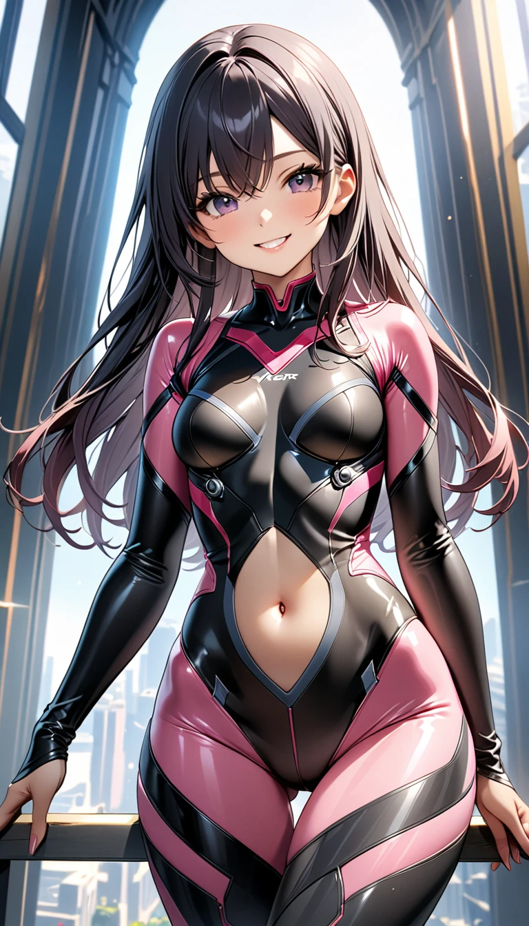(Highest quality、Masterpiece、Very detailed、4K)、One woman、19 years old、Pink and black hair、Bodysuits、navel、Thighs、side、smile、(front)