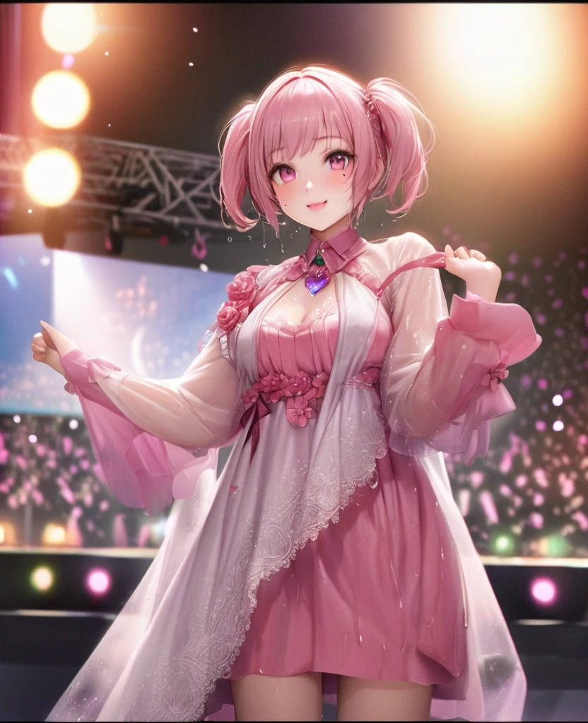 One Girl、Looking at the audience、lovely,
Beautiful pink eyes、short twin tail hair , Mole under the eye、Plump and glossy lips、Heart-shaped choca、Idol、Her name is Rico,smile、ー、。.。.。.。.。.。.。.。.。.。.。.。.。.。.。.。.。.。.3D、Realistic、
The idol's costume was soaked in the heavy rain, and her chest was wet and transparent.Heavy rain at outdoor concert, Drape clothes、gem、The decoration has been removed、Floral、Lace trim,On a glittering stage、
masterpiece、highest quality、8k、Detailed skin texture、Detailed cloth texture、Beautifully detailed face、Intricate details、Very detailed、
超A high resolution、8k Ultra HD、Film Grain、Best Shadow、delicate、Gazing at the audience、front