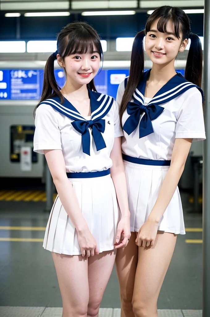 2 girls standing in japanese railway station,short-sleeved white sailor leotard with blue pleated skirt,red bow tie,18-year-old,bangs,a little smile,large bare thighs,knees,spreading legs apart,short hair with low pigtails,from before,front light