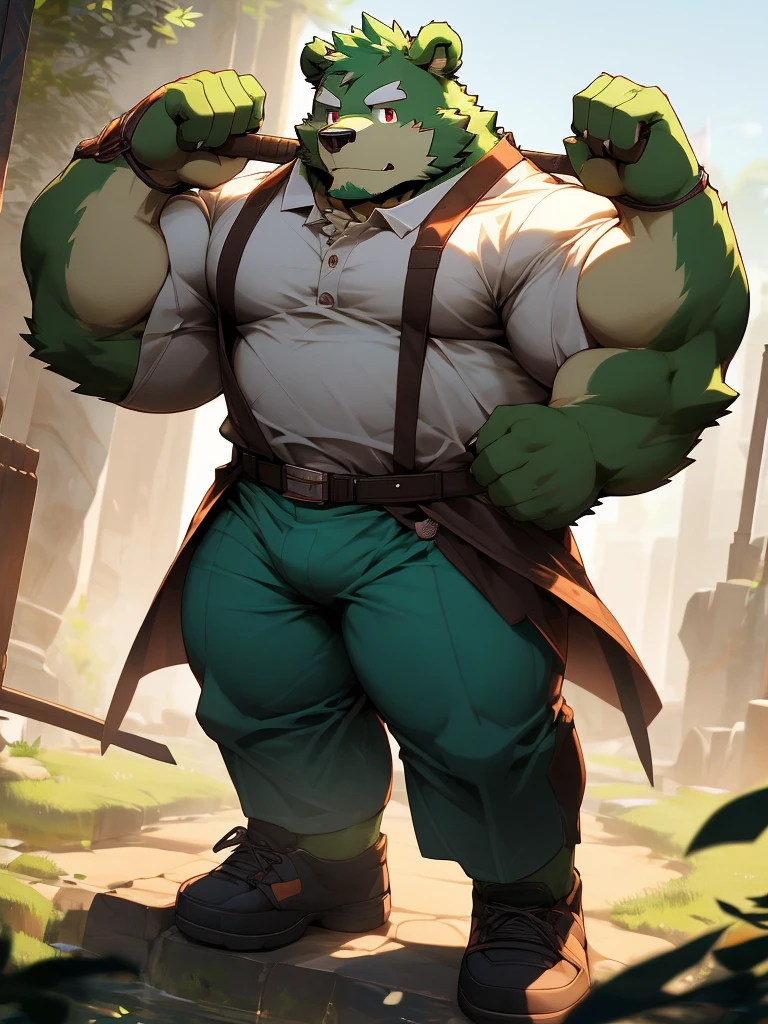 masterpiece, high quality, anime, detailed eyes, male jinpei, anthro, bear, Great physique, strong arms manly, (((green bear))), (((green fur))), green hair, beard, white eyebrows, bald, detailed red eyes, tall, Joyful, by zixiong, epic composition, Realistic lighting, HD details, Best Quality, (extremely detailed CG unified 8k wallpaper), (masterpiece:1.2), (best quality:1.3), cyan polo shirt, blue pants, black shoes, (((full body))), simple background,