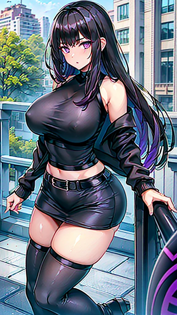 1990s, (masterpiece), high-definition, detailed face, cute girl, perfect body, (big tits: 1.4) big hips, round ass, (black hair with dark purple highlights: 1.4), (tight grey t-shirt: 1.4), (black jacket: 1.4), (purple tight skirt: 1.3), belt, (black thong: 1.2), thigh high stockings, boots, fishnet, pin-up pose, balcony