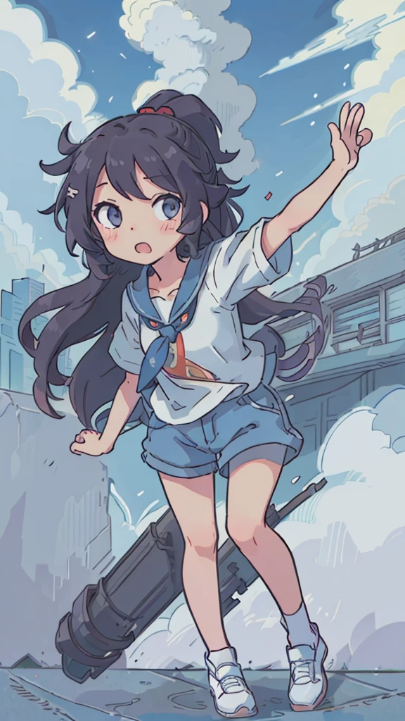 Highest quality、Perfect anime illustration、summer、Cumulonimbus、Girl in shorts、Waving on the city streets