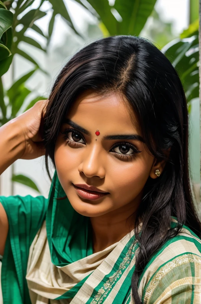 (((desi girl))), chubby face, natural skin, wearing red saree, charming black hair, ((hair ends are blonde)), greenary village background, bokeh