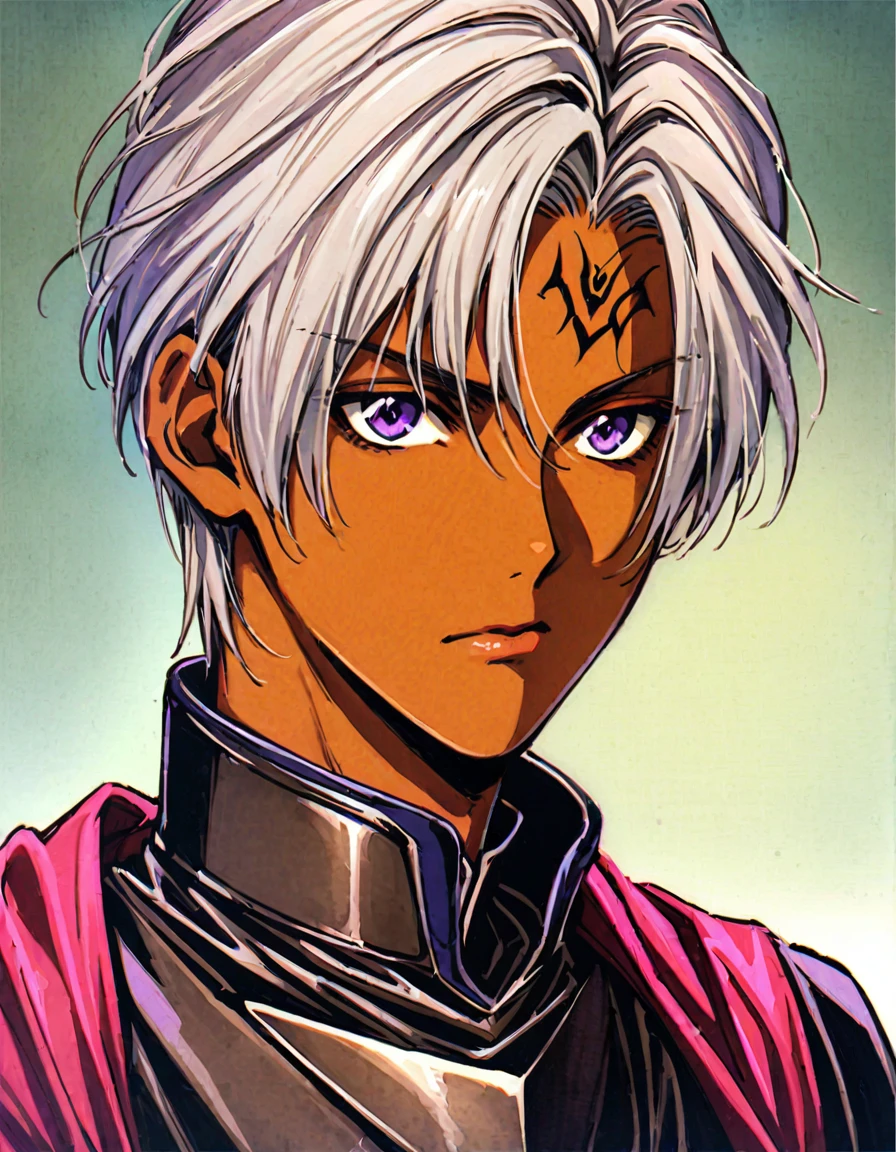 ((Highest quality)), ((masterpiece)), (((White Background))),male,(20th Generation),(Fantasy Costume),(youth),Character portrait,Gray Hair,((Front view)),(Character details),Purple Eyes,Brown skin,Eye on forehead,alone,Are standing,(Black Armor),Silver Hair,adult