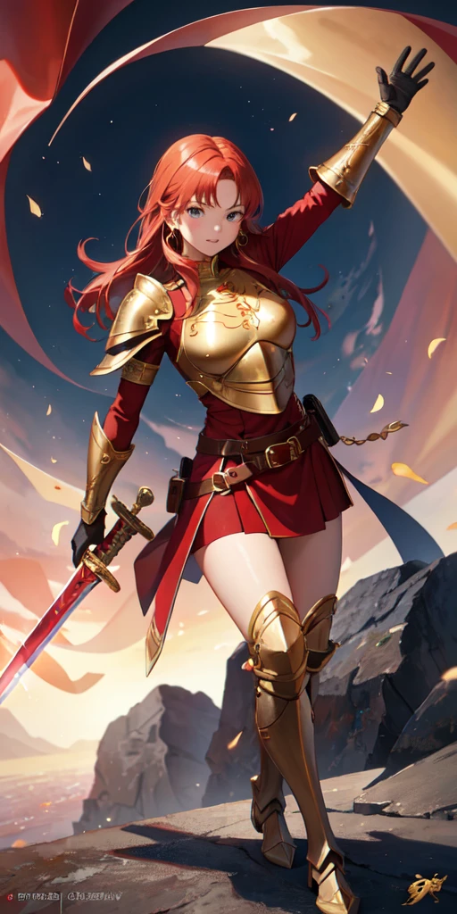 1girl, red hair, armor, sword, gold earrings, belt bag