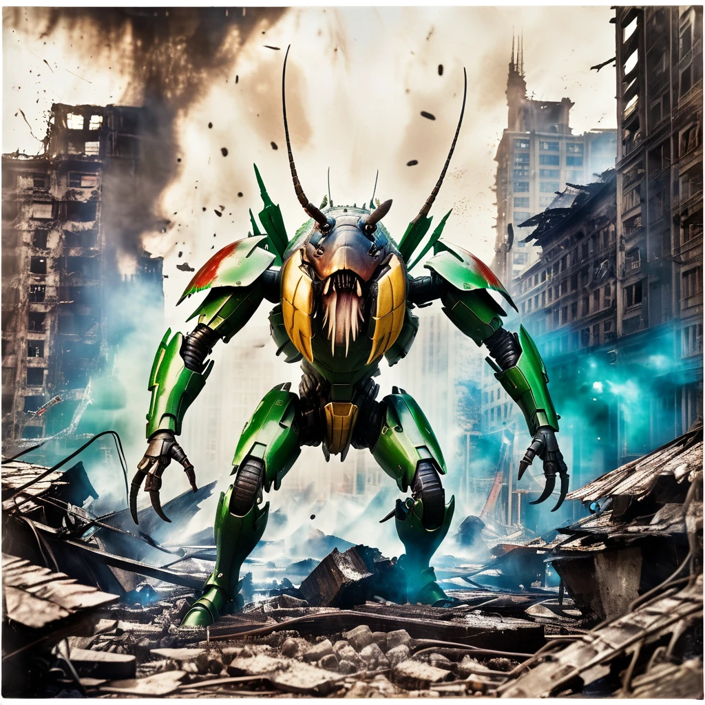 The alien city is in ruins, Omni-Man in his ripped and tattered uniform, Smeared with green blood, There is an angry look on his face, Other superheroes fighting monsters, The building collapsed、Smoke rising in the background, Vibrant color and high contrast, Dramatic lighting, 超Realisticで終末的な雰囲気,, Exquisite detailing of destroyed architecture and alien cockroach technology, A magnificent scale with huge buildings towering over the area, Cityscape stretching to the horizon, Intense emotion or tension expressed through facial expressions and body language, A cinematic composition that evokes a sense of awe and despair, Giant cockroach lurking in the shadows, Exquisite cockroach detail、Energy bolts and explosions fill the sky, Dark, ominous colors add to the sense of danger, Remnants of a civilization that hints at a rich history and advanced society, A sense of both beauty and destruction, Evoke a mixture of surprise and fear. (Highest quality, 4K, 8k, High resolution, masterpiece:1.2), Super detailed, (Realistic, photoRealistic, photo-Realistic:1.37), High resolution, 超High resolution, Studio Lighting, Ultra-fine painting, Sharp focus, Physically Based Rendering, Very detailed explanation, Professional, Vibrant colors,