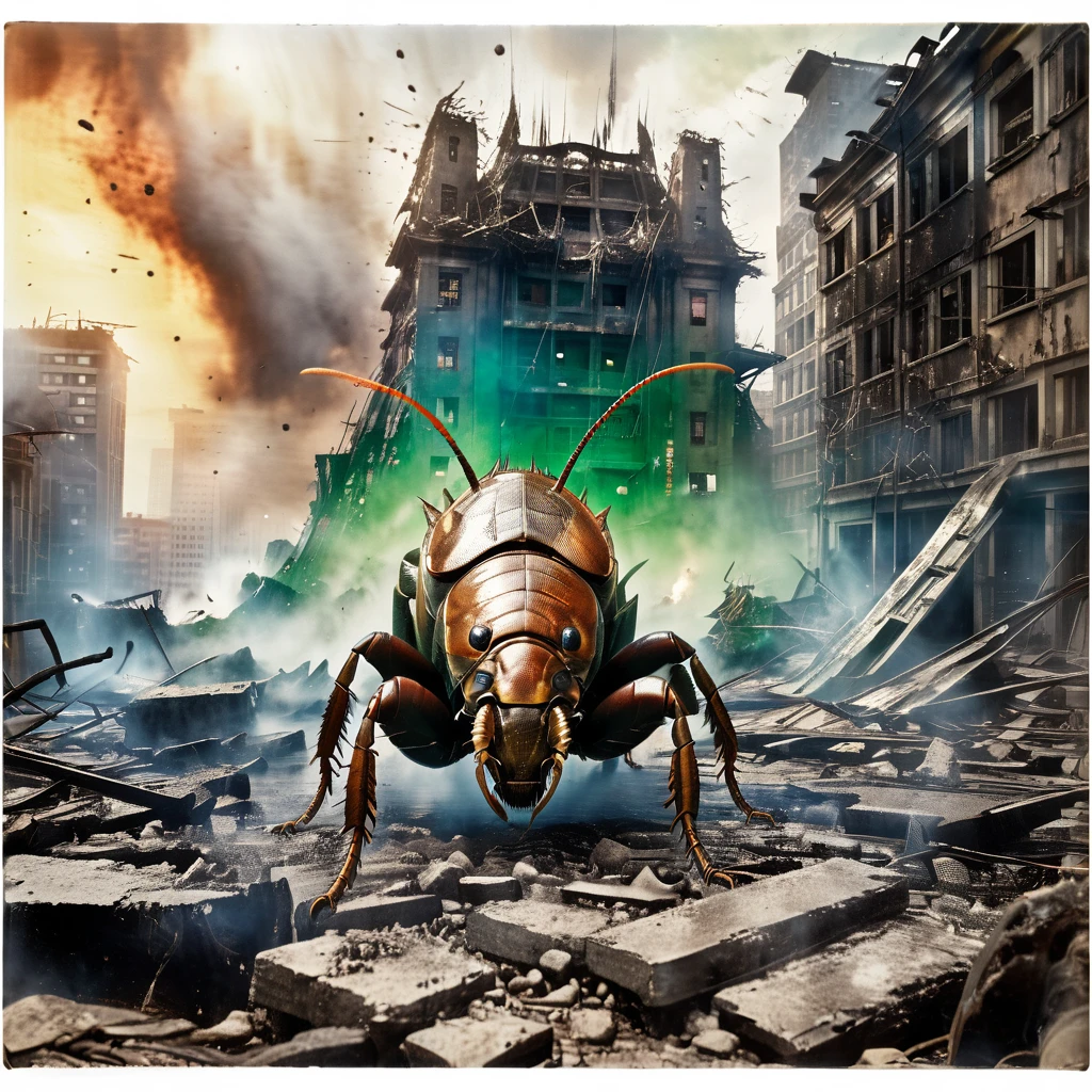 The alien city is in ruins, Omni-Man in his ripped and tattered uniform, Smeared with green blood, There is an angry look on his face, Other superheroes fighting monsters, The building collapsed、Smoke rising in the background, Vibrant color and high contrast, Dramatic lighting, 超Realisticで終末的な雰囲気,, Exquisite detailing of destroyed architecture and alien cockroach technology, A magnificent scale with huge buildings towering over the area, Cityscape stretching to the horizon, Intense emotion or tension expressed through facial expressions and body language, A cinematic composition that evokes a sense of awe and despair, Giant cockroach lurking in the shadows, Exquisite cockroach detail、Energy bolts and explosions fill the sky, Dark, ominous colors add to the sense of danger, Remnants of a civilization that hints at a rich history and advanced society, A sense of both beauty and destruction, Evoke a mixture of surprise and fear. (Highest quality, 4K, 8k, High resolution, masterpiece:1.2), Super detailed, (Realistic, photoRealistic, photo-Realistic:1.37), High resolution, 超High resolution, Studio Lighting, Ultra-fine painting, Sharp focus, Physically Based Rendering, Very detailed explanation, Professional, Vibrant colors,