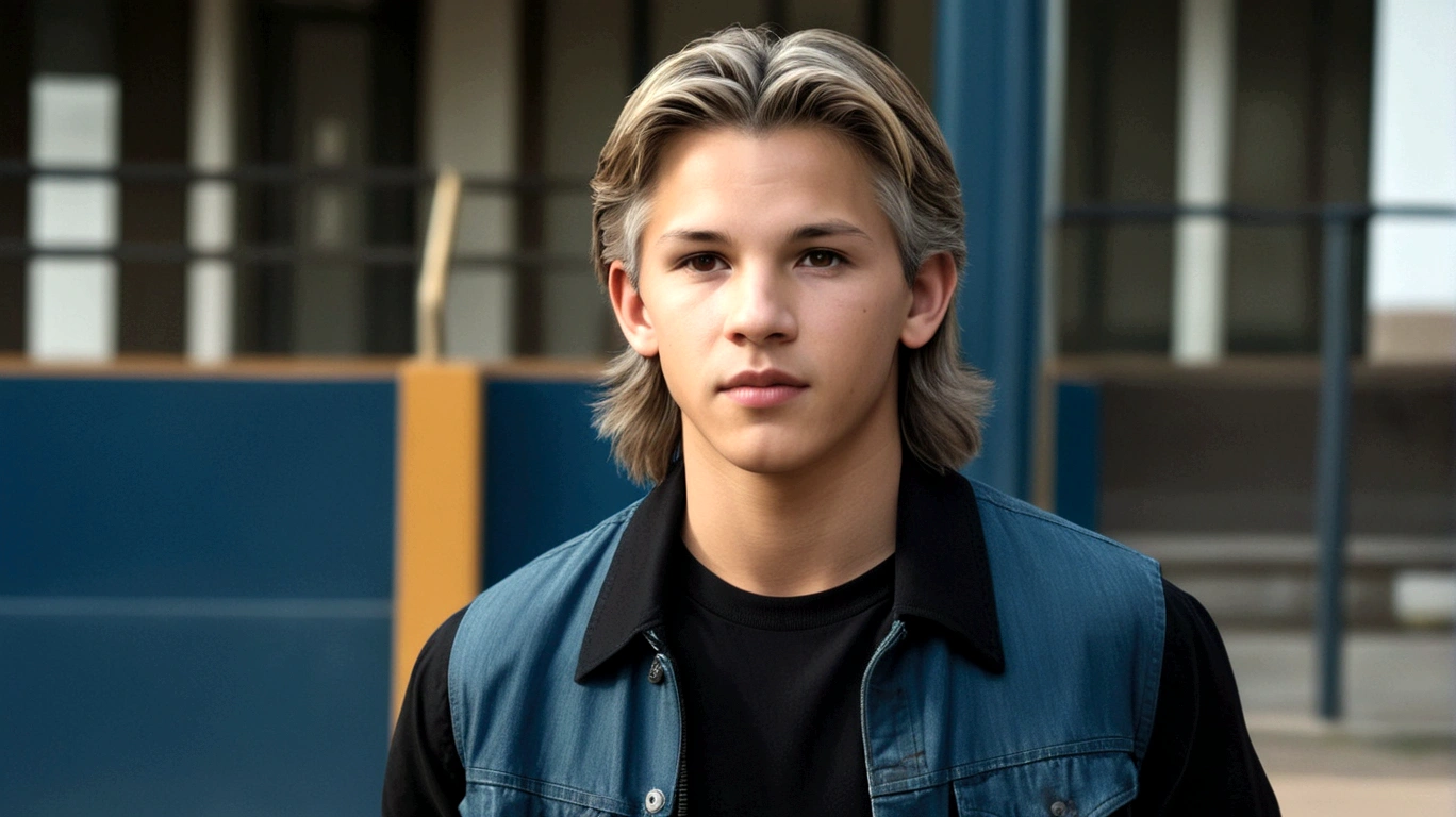 a young man called lineker, 15 years old, he has a face similar to Jon Bom Jovi, he has light hair, brown eyes, black blouse, black pants, black sneakers, at school with his friends