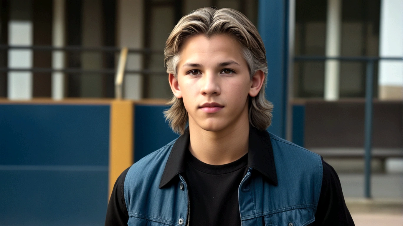 a young man called lineker, , he has a face similar to Jon Bom Jovi, he has light hair, brown eyes, black blouse, black pants, black sneakers, at school with his friends
