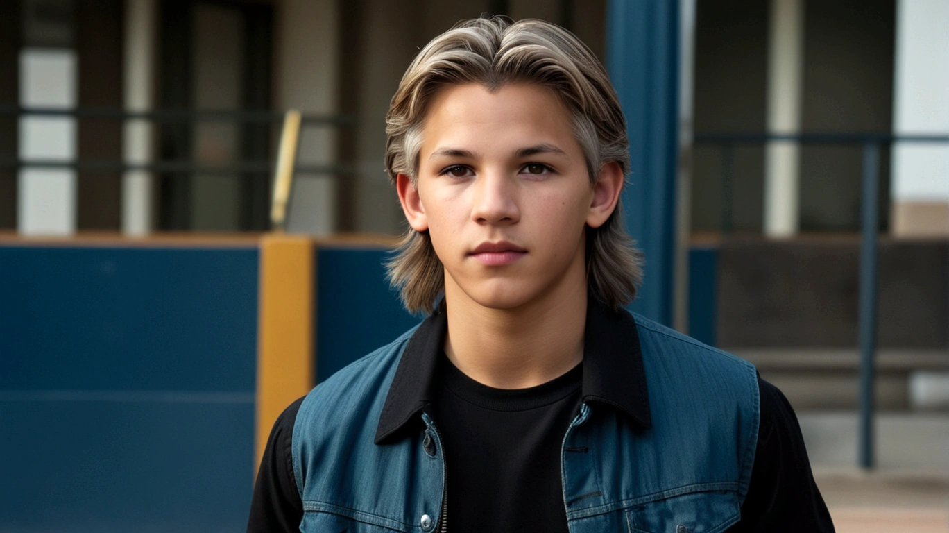 a young man called lineker, 15 years old, he has a face similar to Jon Bom Jovi, he has light hair, brown eyes, black blouse, black pants, black sneakers, at school with his friends