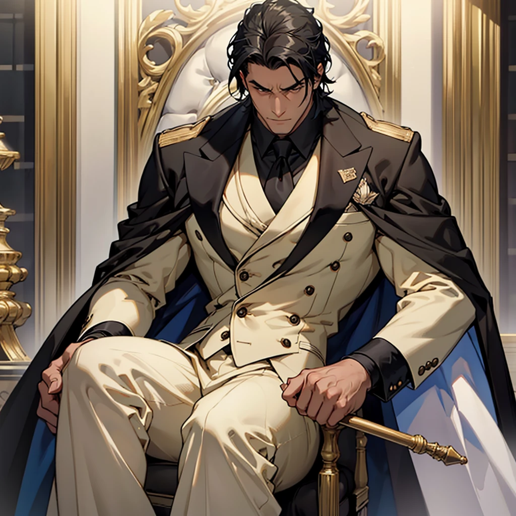 Big body, Man
1. Attire.
- The figure is wearing a white double-breasted suit with a dark tie and a vest underneath. The suit is adorned with several buttons, and the overall appearance is very sharp and formal.
- Over the suit, the figure has a large, dark fur-trimmed cape draped over the shoulders, adding a sense of grandeur and authority to the appearance.
- The figure's right arm is holding a cane or a staff, indicating a possible sense of authority or power.
2. Pose.
- The figure stands confidently with the left arm slightly bent and the hand resting on the hip, while the right arm holds the cane firmly.
- The posture is upright and commanding, suggesting confidence and control.
3. Face and Head.
- The head and face of the figure are not visible; they are shrouded in darkness or simply not drawn, which adds an element of mystery to the character.
4. Details.
- The fur trim on the cape is detailed and appears luxurious, indicating high status or wealth.
- The suit is well-fitted and meticulously designed, reinforcing the impression of a powerful and wealthy individual.
5. Body.
- Big body, a mobster Man
- Black hair
6. Place
- In the kingdom of darkness