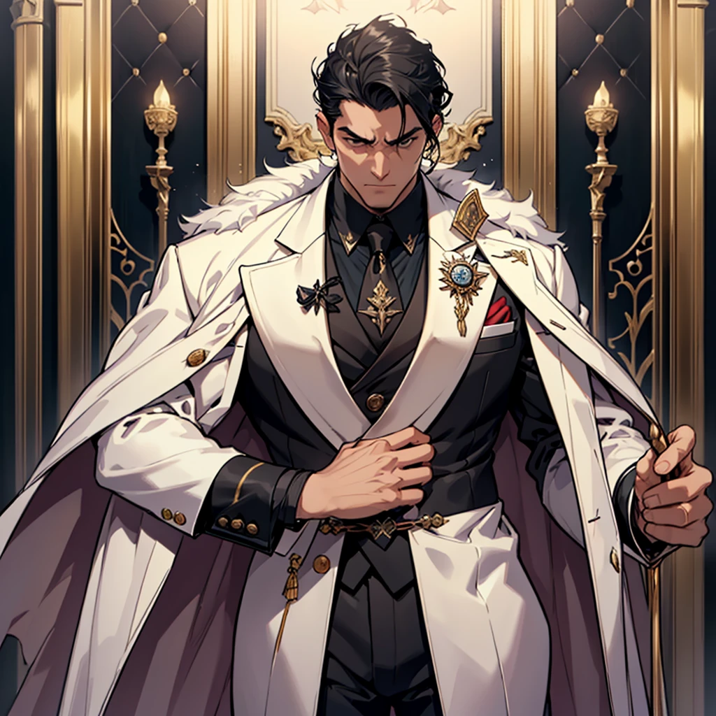 Big body, Man
1. Attire.
- The figure is wearing a white double-ed suit with a dark tie and a vest underneath. The suit is adorned with several buttonnd the overall appearance is very sharp and formal.
- Over the suit, the figure has a large, dark fur-trimmed cape draped over the shoulders, adding a sense of grandeur and authority to the appearance.
- The figure's right arm is holding a cane or a staff, indicating a possible sense of authority or power.
2. Pose.
- The figure stands confidently with the left arm slightly bent and the hand resting on the hip, while the right arm holds the cane firmly.
- The posture is upright and commanding, suggesting confidence and control.
3. Face and Head.
- The head and face of the figure are not visible; they are shrouded in darkness or simply not drawn, which adds an element of mystery to the character.
4. Details.
- The fur trim on the cape is detailed and appears luxurious, indicating high status or wealth.
- The suit is well-fitted and meticulously designed, reinforcing the impression of a powerful and wealthy individual.
5. Body.
- Big body, a mobster Man
- Black hair
6. Place
- In the kingdom of darkness