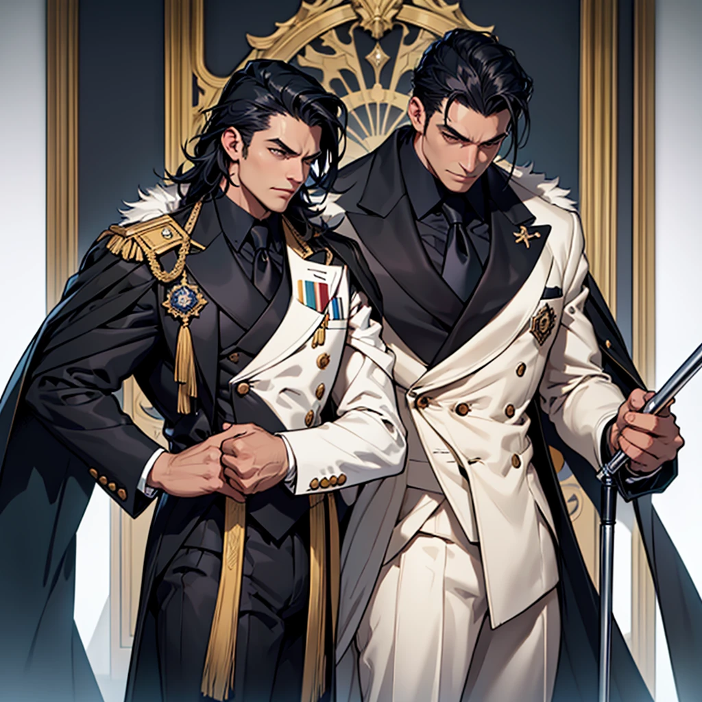 Big body, Man
1. Attire.
- The figure is wearing a white double-breasted suit with a dark tie and a vest underneath. The suit is adorned with several buttons, and the overall appearance is very sharp and formal.
- Over the suit, the figure has a large, dark fur-trimmed cape draped over the shoulders, adding a sense of grandeur and authority to the appearance.
- The figure's right arm is holding a cane or a staff, indicating a possible sense of authority or power.
2. Pose.
- The figure stands confidently with the left arm slightly bent and the hand resting on the hip, while the right arm holds the cane firmly.
- The posture is upright and commanding, suggesting confidence and control.
3. Face and Head.
- The head and face of the figure are not visible; they are shrouded in darkness or simply not drawn, which adds an element of mystery to the character.
4. Details.
- The fur trim on the cape is detailed and appears luxurious, indicating high status or wealth.
- The suit is well-fitted and meticulously designed, reinforcing the impression of a powerful and wealthy individual.
5. Body.
- Big body, a mobster Man
- Black hair
6. Place
- In the kingdom of darkness
