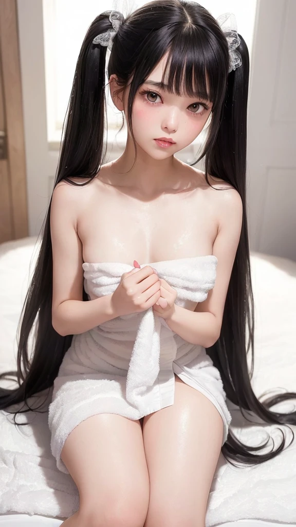 ((masterpiece)), ((highest quality、Ultra high definition)), (Very detailed),8K、(Photo quality)、(((Amazingly cute girl))), (-yeld gi, ((お風呂上がりのbedroom)),White skin、Glossy lips、In a suite at a vast, ultra-luxurious resort hotel, Beautifully arranged black hair in twin tails、Lace fabric ribbon、whole body、(Slim figure)、((Professional Lighting))、White panties are showing through、(((Ultimate cuteness in every way)))、Blake/、(bedroom)、((Small breasts))、Blake/、　(((She is naked and wrapped in a large white bath towel.)))、It seems visible but it&#39;s not、