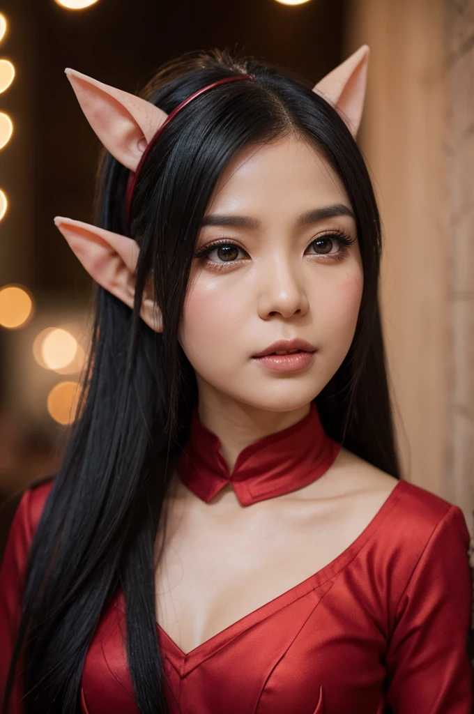 PastelGothAI, elf, pointy ears, black hair with red strands