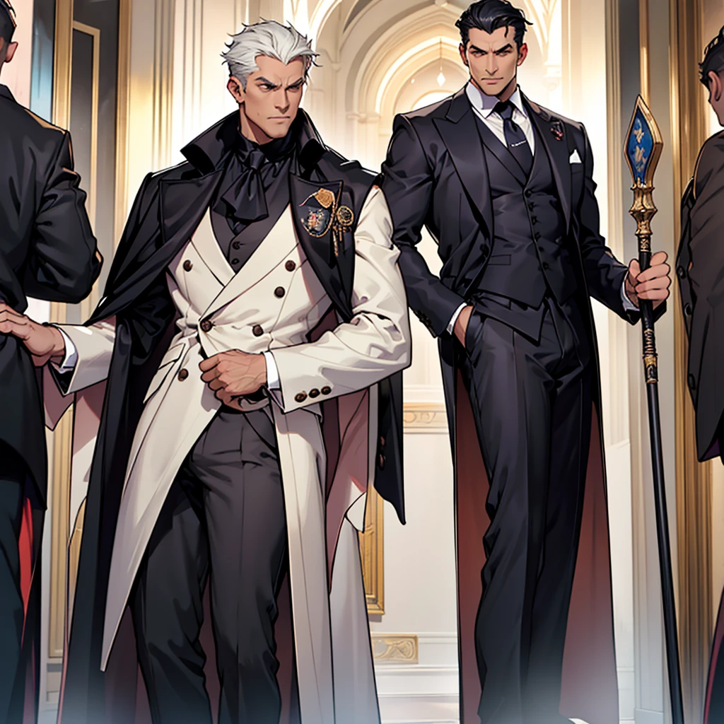 Big body, Man
1. Attire.
- The figure is wearing a white double-breasted suit with a dark tie and a vest underneath. The suit is adorned with several buttons, and the overall appearance is very sharp and formal.
- Over the suit, the figure has a large, dark fur-trimmed cape draped over the shoulders, adding a sense of grandeur and authority to the appearance.
- The figure's right arm is holding a cane or a staff, indicating a possible sense of authority or power.
2. Pose.
- The figure stands confidently with the left arm slightly bent and the hand resting on the hip, while the right arm holds the cane firmly.
- The posture is upright and commanding, suggesting confidence and control.
3. Face and Head.
- The head and face of the figure are not visible; they are shrouded in darkness or simply not drawn, which adds an element of mystery to the character.
4. Details.
- The fur trim on the cape is detailed and appears luxurious, indicating high status or wealth.
- The suit is well-fitted and meticulously designed, reinforcing the impression of a powerful and wealthy individual.
5. Body.
- Big body, a mobster Man
- Black hair
6. Place
- In the kingdom of darkness