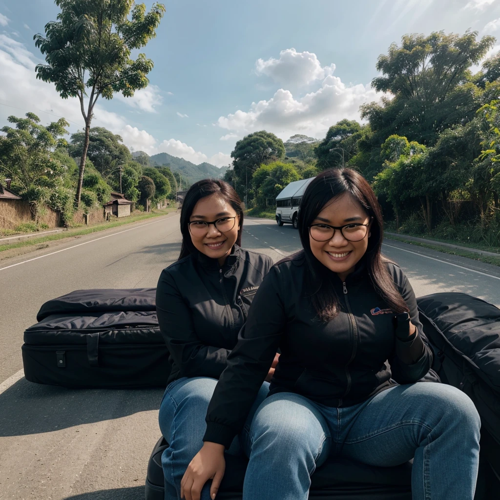 full body, landscape, realistic Indonesian, slightly fat man wearing black glasses a black jacket aged 25 years, woman aged 27 years, wearing jeans, black jacket, sitting in a truck with a load of luggage, mattresses, etc., background on a village highway, afternoon , all around there are residents waving, smiling, facing forward, detail, ultra HD.