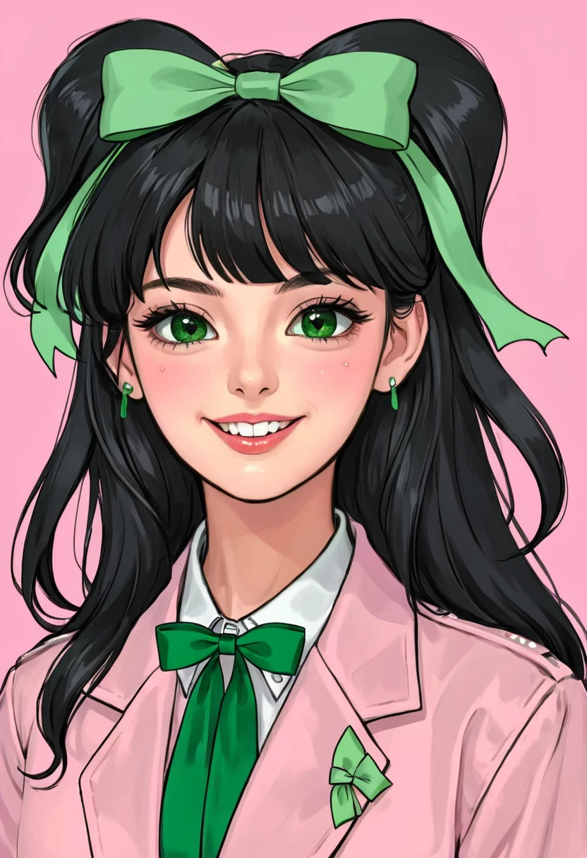 1 Girl,Artist Name,Bangs,Black Hair,blush,bow,Shut up,collared shirt,slope,slope background,green bow,Green Eyes,green Ribbon,Teramano,Hair accessories,hair Ribbon,Hairpin,jacket,Lips,Long hair,Looking at the audience,Pink background,portrait,Ribbon,shirt,Smile,Solitary,Double tail,Both sides up