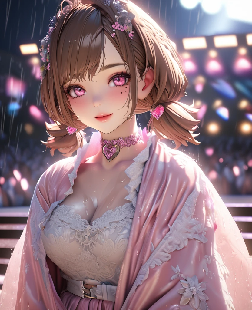 one girl, staring at the audience, beautiful pink eyes, brown hair in short twin tails, mole under eye, plump glossy lips, heart shaped choker, idol, her name is Mei, smiling, . . . 3D, realistic, idol's costume was drenched in heavy rain, her chest was wet and see-through, heavy rain at outdoor concert, draped clothes, jewelry and decorations removed, floral patterns, lace trim, glittering on stage, masterpiece, best quality, 8k, detailed skin texture, detailed fabric texture, beautifully detailed face, intricate details, highly detailed, ultra high resolution, 8k Ultra HD, film grain, best shadows, delicate, staring at the audience, front
