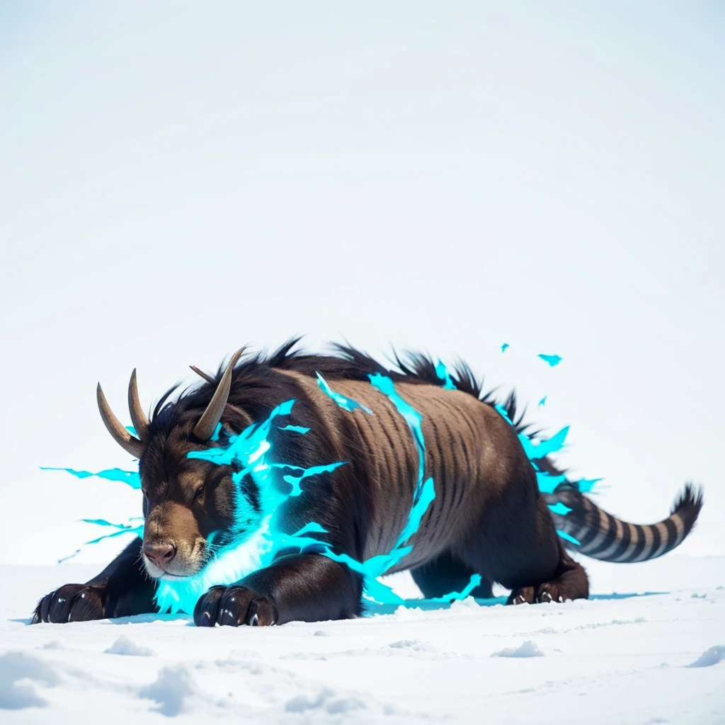 Big Animals, glow blue eyes, (his eyes gave off light), mammoth mixed with beaver, has red stripes on its body, Grassroots, no background, (has beard)