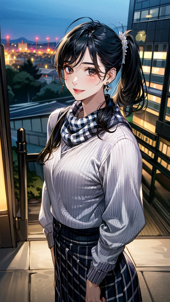 (masterpiece:1.3, Highest quality, Ultra-high resolution, Super detailed), (Realistic, photoRealistic:1.4), Beautiful illustrations, Perfect lighting, colorful, Depth of written boundary,
Beautiful detailed hair, Beautifully detailed face, Beautiful fine details, Beautiful clavicle, Beautiful body, 美しいLarge Breasts, Beautiful thighs, Beautiful feet, Beautiful fingers,
View Viewer、Front view:0.6, Beauty1人, Japanese, Beauty、30 years old, Perfect Face, (Perfect Anatomy, Anatomically correct), Cute and symmetrical face, Baby Face, , Shiny skin,
((Checkered scarf:1.4))、((sweater:1.4)),((Long skirt 1.4))
(Black Hair, Side Ponytail:1.4), Dark brown eyes, (Large Breasts), Slim body,
necklace, (Small earrings:1.3),
(Beautiful views), (night), (city, cityscape in the distance), Standing with good posture, A soft smile、(Smile, Lips parted),