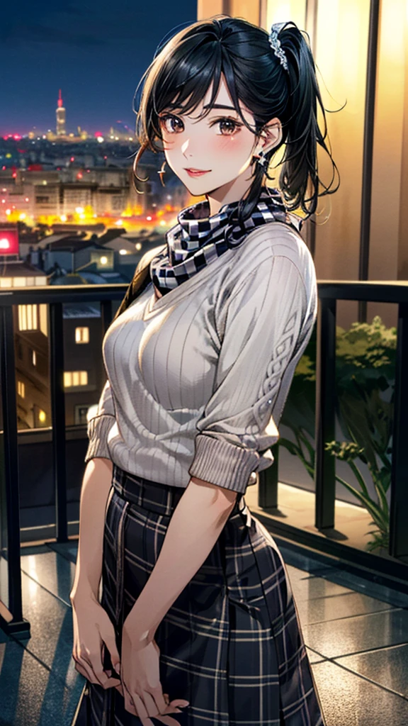 (masterpiece:1.3, Highest quality, Ultra-high resolution, Super detailed), (Realistic, photoRealistic:1.4), Beautiful illustrations, Perfect lighting, colorful, Depth of written boundary,
Beautiful detailed hair, Beautifully detailed face, Beautiful fine details, Beautiful clavicle, Beautiful body, 美しいLarge Breasts, Beautiful thighs, Beautiful feet, Beautiful fingers,
View Viewer、Front view:0.6, Beauty1人, Japanese, Beauty、30 years old, Perfect Face, (Perfect Anatomy, Anatomically correct), Cute and symmetrical face, Baby Face, , Shiny skin,
((Checkered scarf:1.4))、((sweater:1.4)),((Long skirt 1.4))
(Black Hair, Side Ponytail:1.4), Dark brown eyes, (Large Breasts), Slim body,
necklace, (Small earrings:1.3),
(Beautiful views), (night), (city, cityscape in the distance), Standing with good posture, A soft smile、(Smile, Lips parted),
