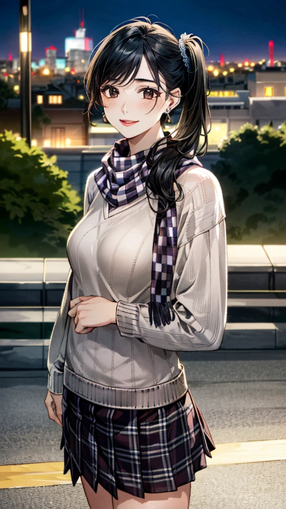 (masterpiece:1.3, Highest quality, Ultra-high resolution, Super detailed), (Realistic, photoRealistic:1.4), Beautiful illustrations, Perfect lighting, colorful, Depth of written boundary,
Beautiful detailed hair, Beautifully detailed face, Beautiful fine details, Beautiful clavicle, Beautiful body, 美しいLarge Breasts, Beautiful thighs, Beautiful feet, Beautiful fingers,
View Viewer、Front view:0.6, Beauty1人, Japanese, Beauty、30 years old, Perfect Face, (Perfect Anatomy, Anatomically correct), Cute and symmetrical face, Baby Face, , Shiny skin,
((Checkered scarf:1.4))、((sweater:1.4)),((Long skirt 1.4))
(Black Hair, Side Ponytail:1.4), Dark brown eyes, (Large Breasts), Slim body,
necklace, (Small earrings:1.3),
(Beautiful views), (night), (city, cityscape in the distance), Standing with good posture, A soft smile、(Smile, Lips parted),