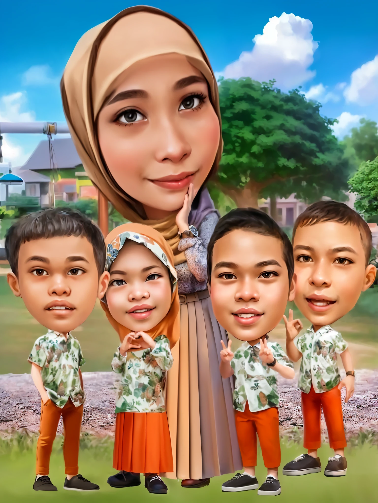 cartoon of a family of four standing in front of a playground, Woman wearing hijab,And wear a long skirt, caricature illustration, in cartoon style, caricature style, digital art cartoon, potrait, cartoon digital art, cartoon digital painting, cartoon portrait, realism artstyle, realistic cartoon, cartoon artstyle, an indonesian family portrait, charicature, cartoon art, cartoon style illustration, children, by Abidin Dino